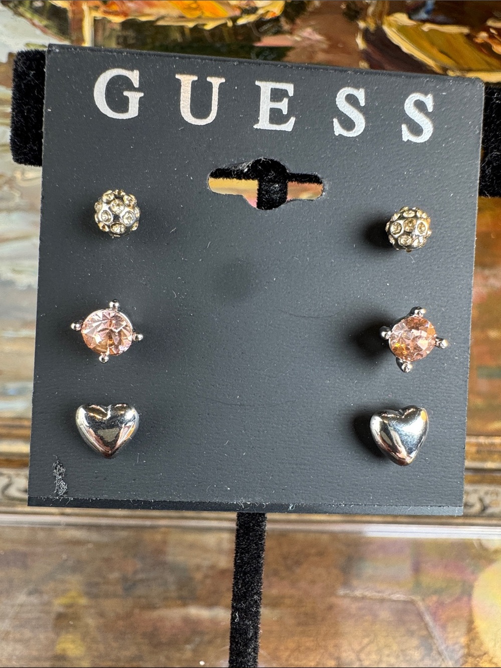 0566-Guess Silver and Pink Crystal‎ Three-Pair Earring Set